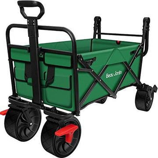 BEAU JARDIN Collapsible Folding Wagon Cart Heavy Duty Foldable Beach Push Pull Wagon Camping Grocery Portable Outdoor Garden Sport Shopping Cart Green