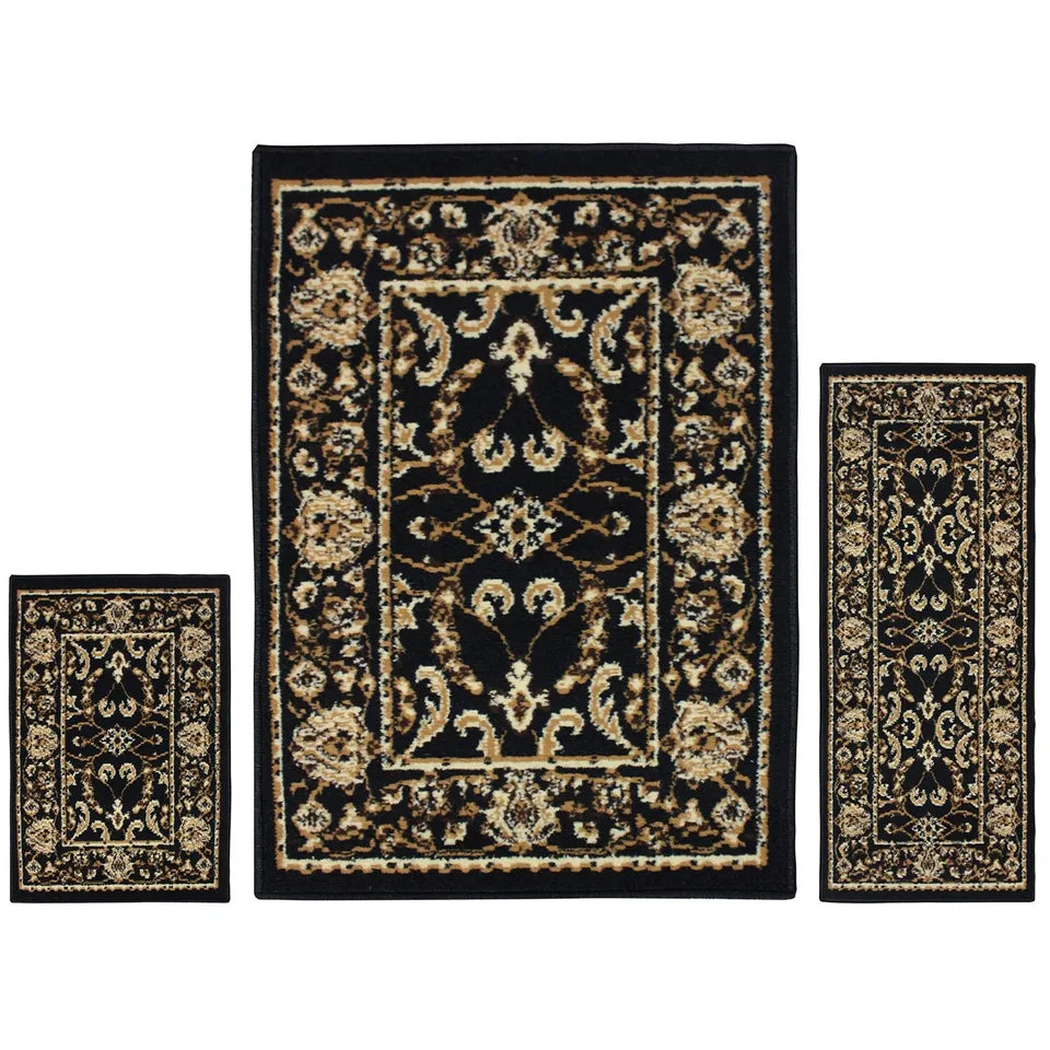 Barringer Floral Medallion 3 Piece Indoor Area Rug Set - Black