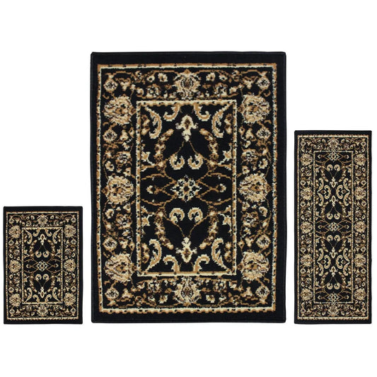 Barringer Floral Medallion 3 Piece Indoor Area Rug Set - Black