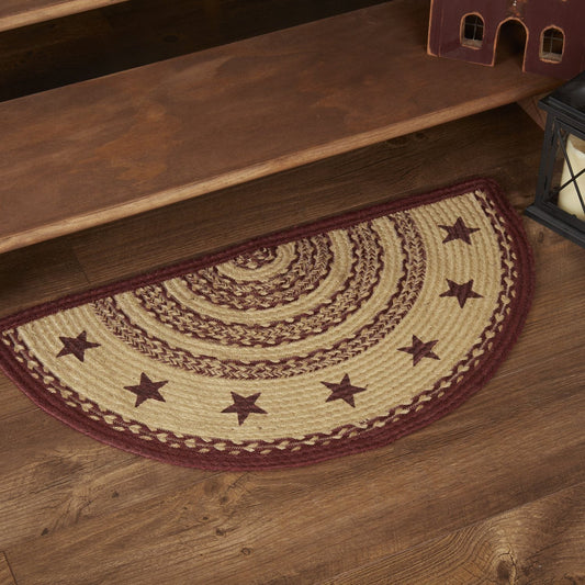 Burgundy and Tan Stencil Star Half Circle Braided Rug 16.5x33" - with pad