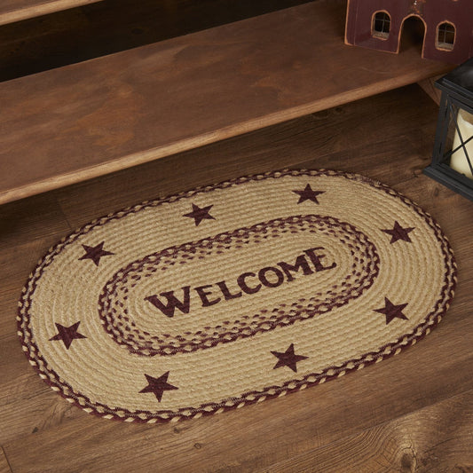 Burgundy and Tan "Welcome" Oval Braided Rug 20x30" - with pad