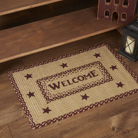 Burgundy and Tan "Welcome" Rectangle Braided Rug 20x30" with pad