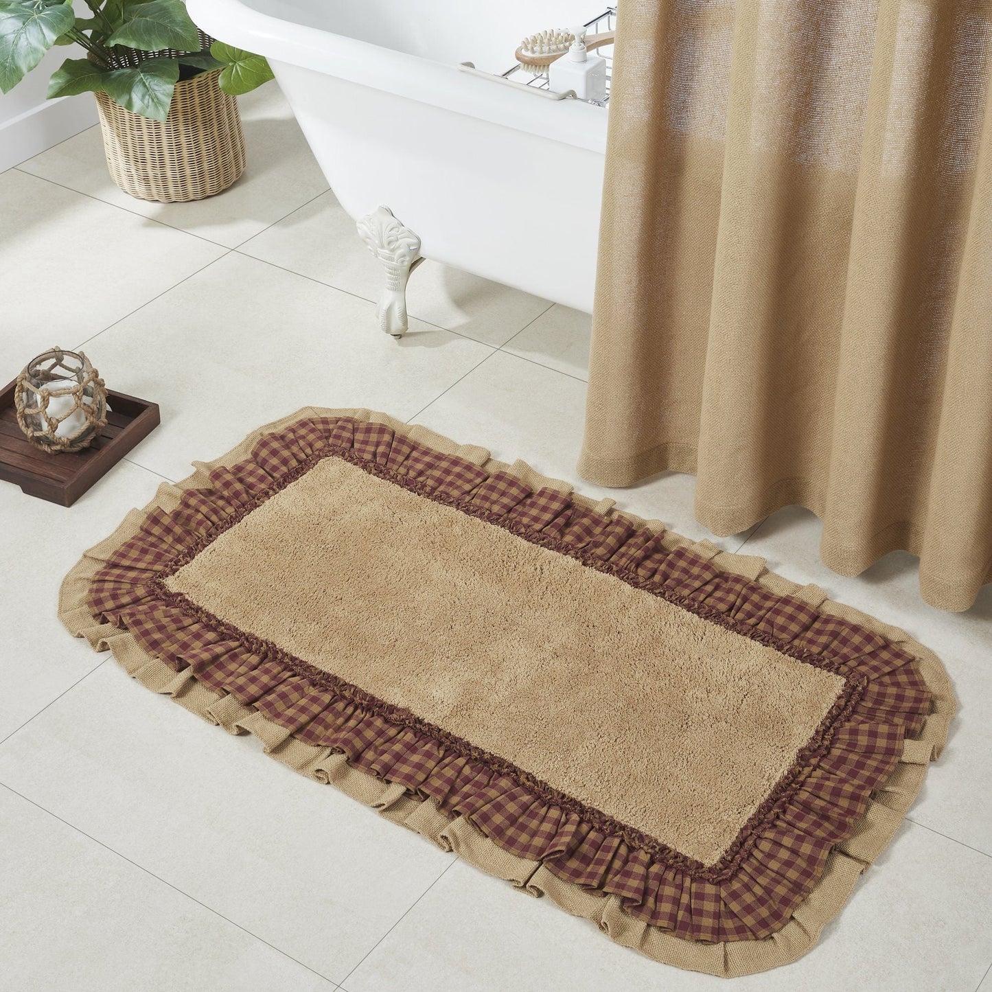 Burlap Natural with Burgundy Check Bathmat 27x48"
