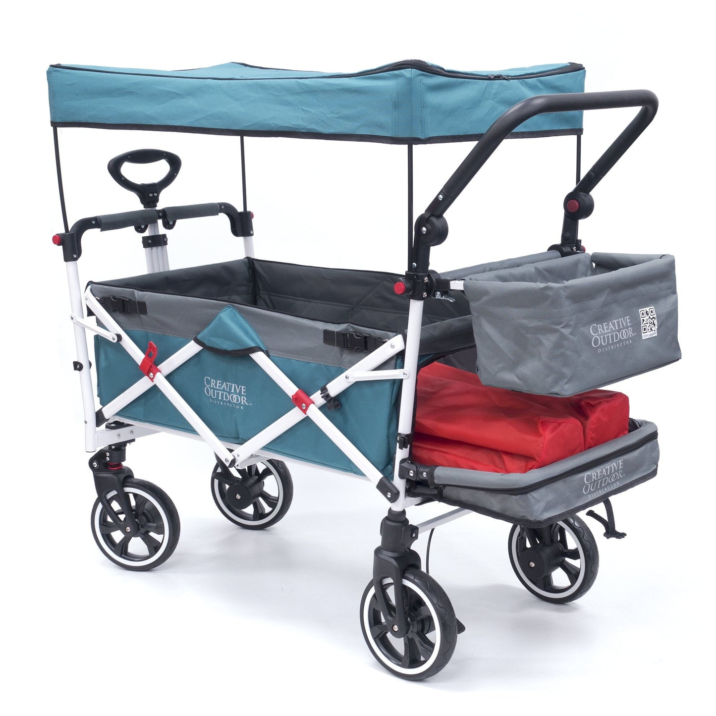 CREATIVE OUTDOOR Push-Pull Folding Wagon Stroller Cart w/ Removable Cooler & Canopy, Teal Blue