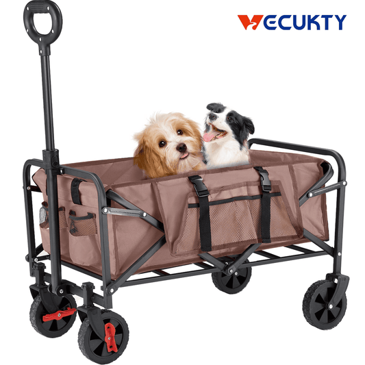 Collapsible Camping Wagon, Vecukty Portable Foldable Wagon Cart with All Terrain Solid Wheels, Folding Utility Grocery Wagon with 150lbs, Brown