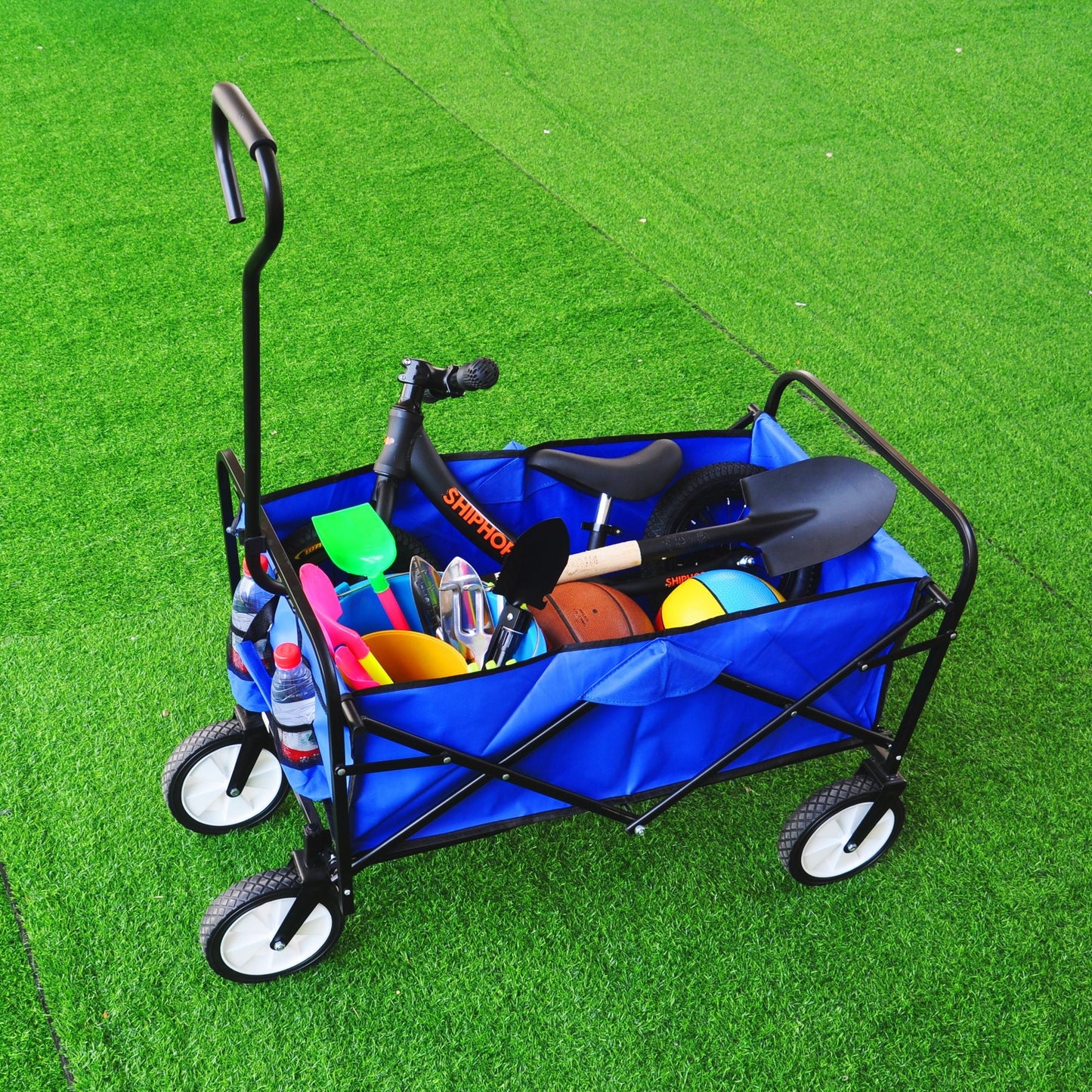 Collapsible Wagon, Heavy Duty Shopping Cart, Durable Garden Wagon, Folding Utility Wagon, Foldable Wagon with 2 Mesh Cup Holders, Adjustable Handle for Garden Shopping Picnic Beach, Blue, Q3813