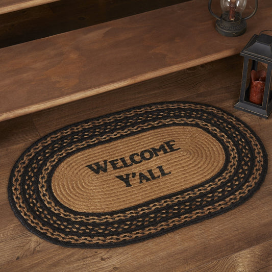 Farmhouse Star "Welcome Ya'll" Oval Braided Rug 20x30" - with Pad
