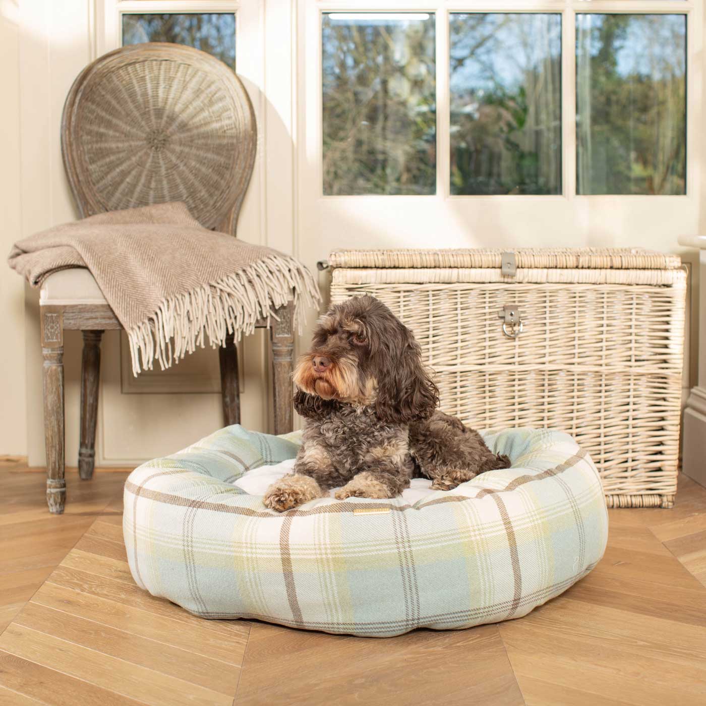 Discover Our Handmade Luxury Donut Dog Bed, In Duck Egg Tweed, The Perfect Choice For Puppies Available Now at Lords & Labradors