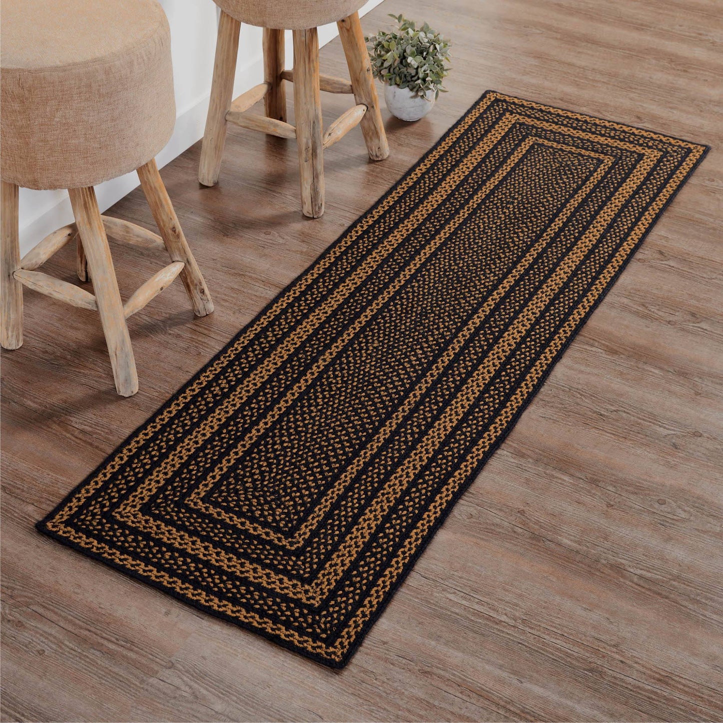 Farmhouse Black and Tan Rectangle Braided Rug 24x78" Runner - with Pad