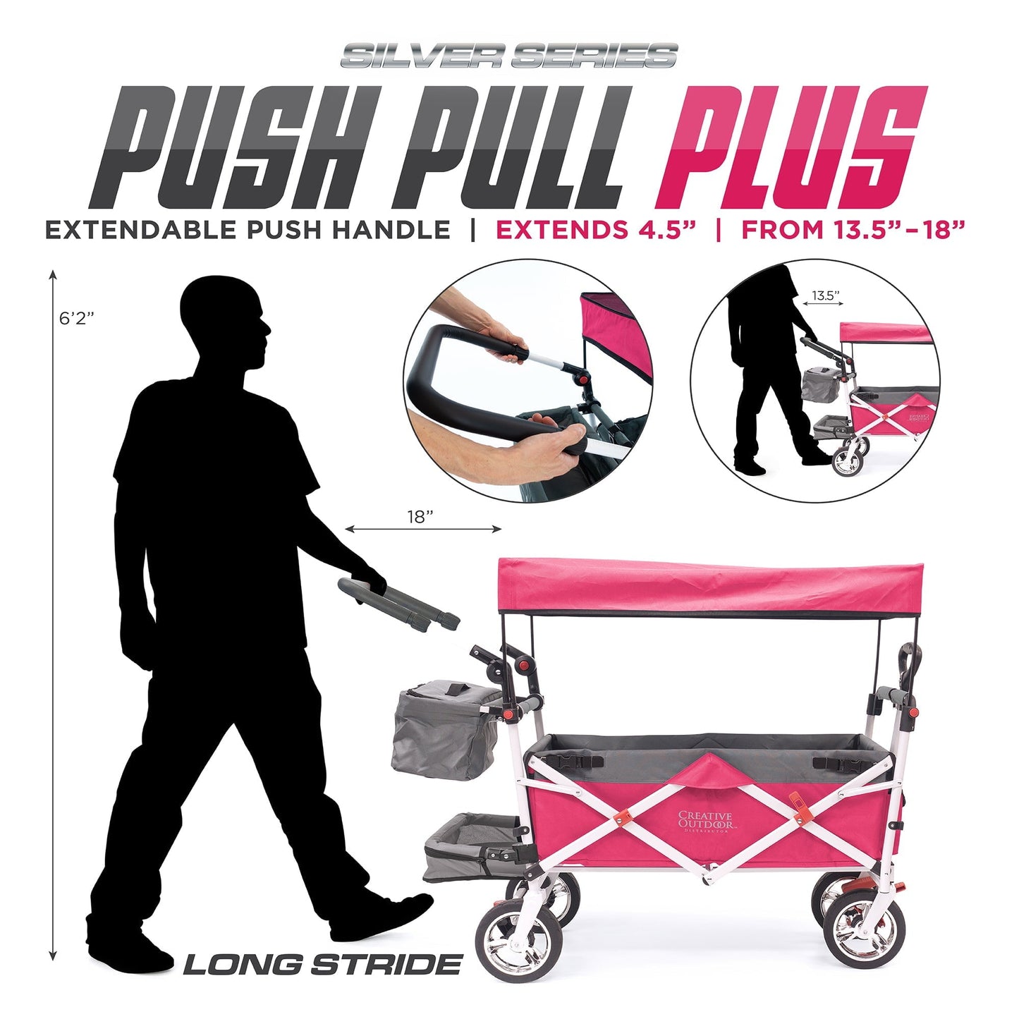 CREATIVE OUTDOOR Push-Pull Collapsible Folding Wagon Stroller Cart w/ Removable Cooler, Canopy & adjustable Handle, Pink