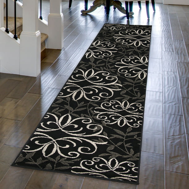 Black Medallion Flowers Loomed Runner Rug 1ft 11in x 9ft 8in