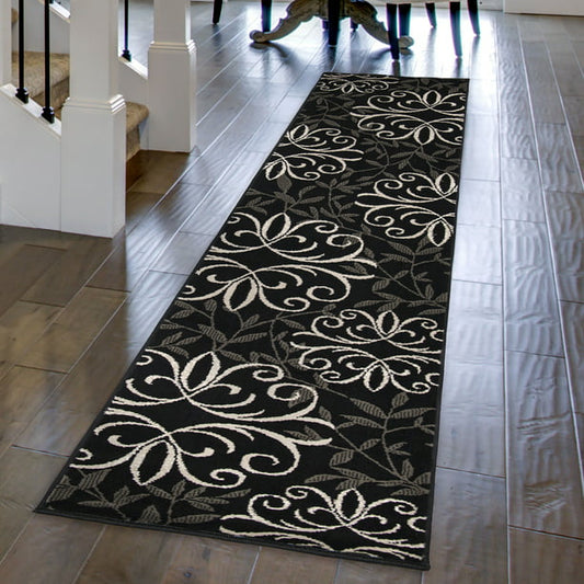 Black Medallion Flowers Loomed Runner Rug 1ft 11in x 9ft 8in