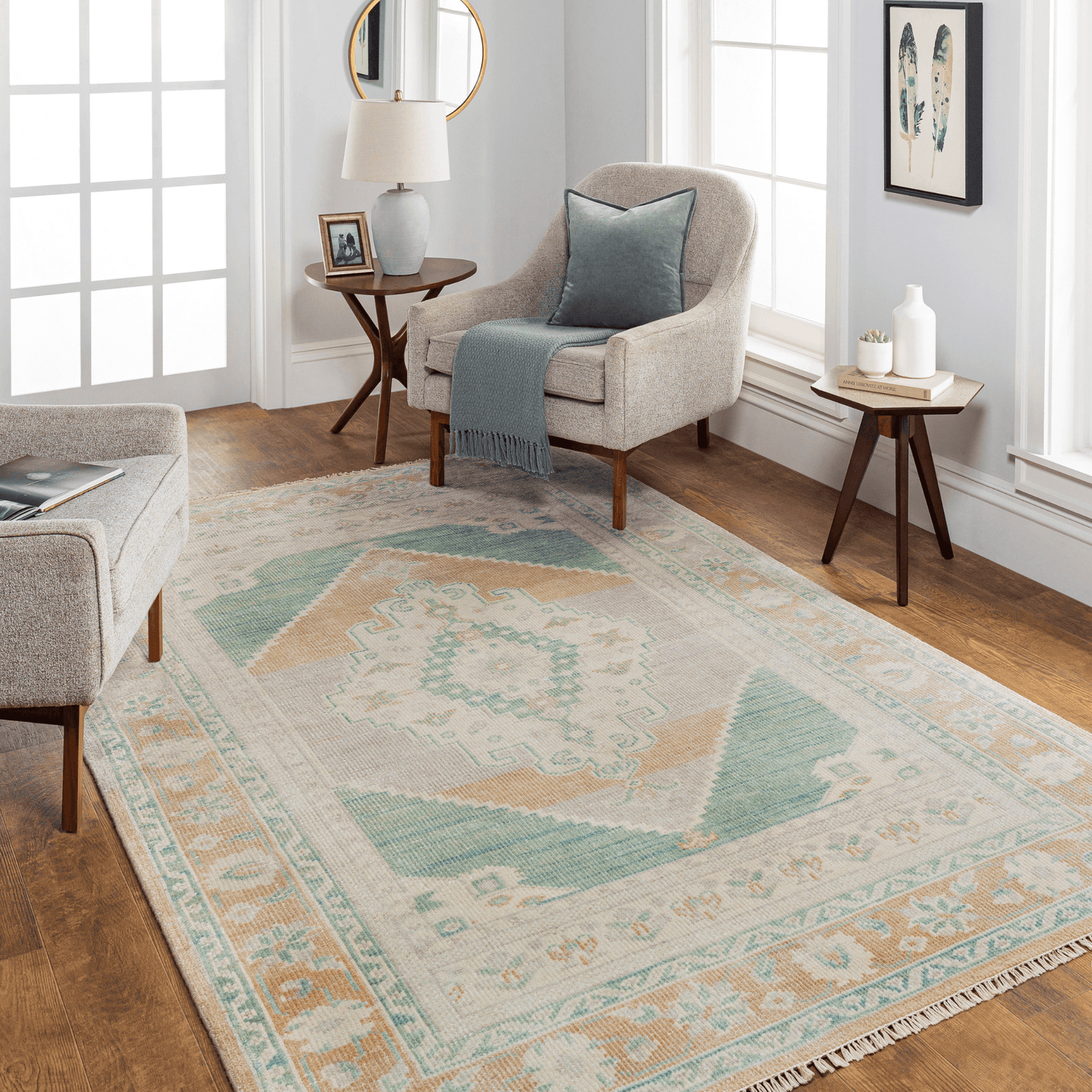 Anadolu Beige & Seafoam Wool Blend Area Rug - Available in a Variety of Sizes