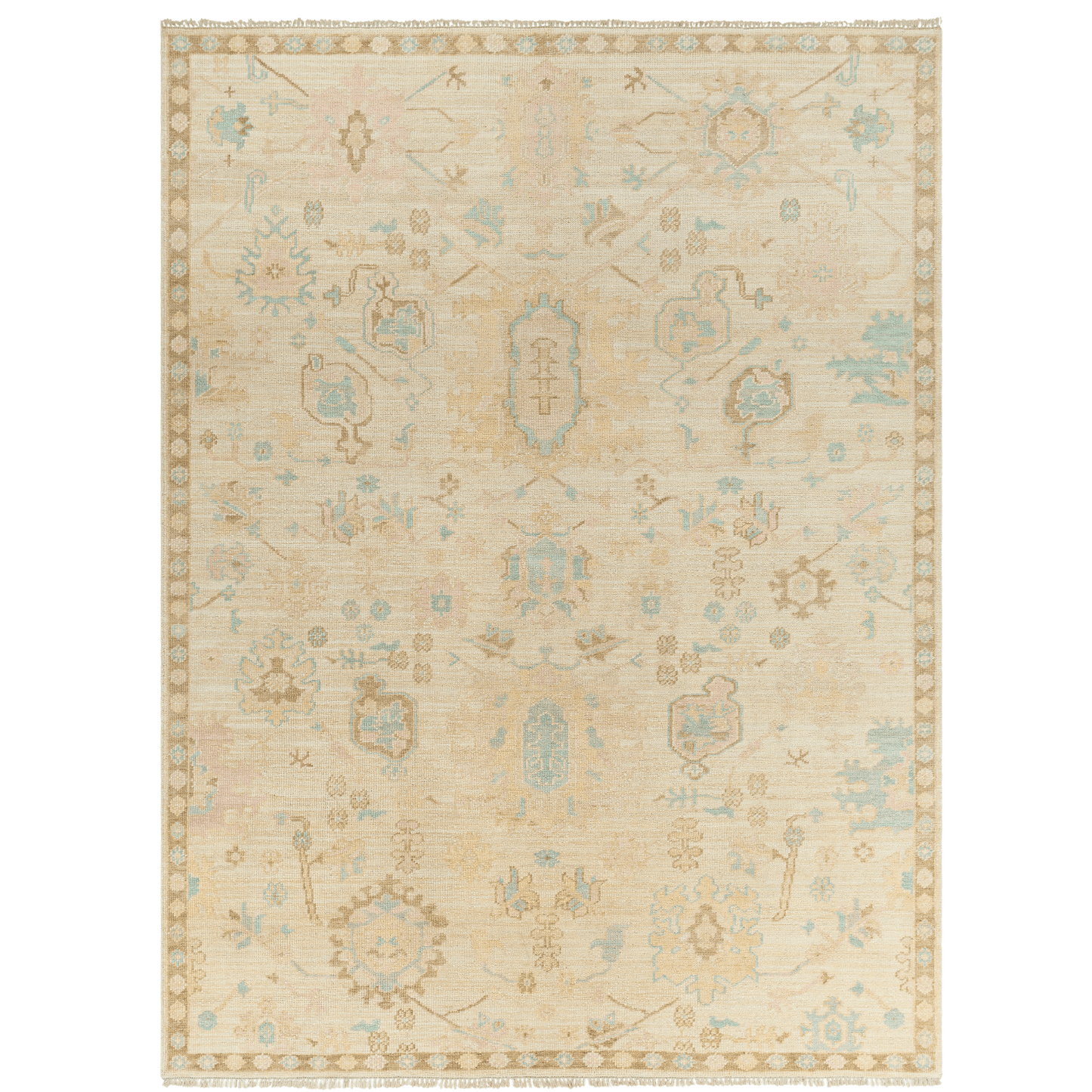 Creamy Beige, Brown & Blue Floral Wool Area Rug - Available in a Variety of Sizes