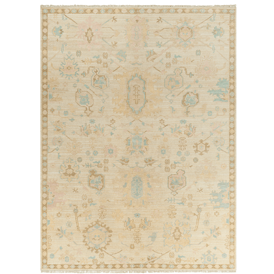 Creamy Beige, Brown & Blue Floral Wool Area Rug - Available in a Variety of Sizes