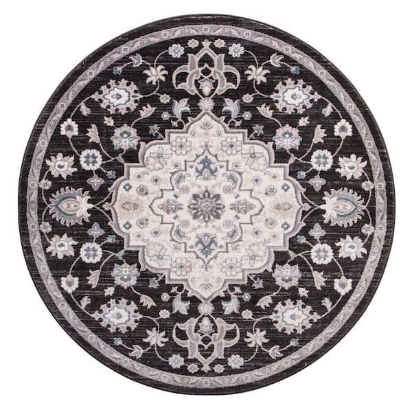 Round Area Rug Anthracite 5 ft. x 5 ft. Medallion Oriental Flame Retardant