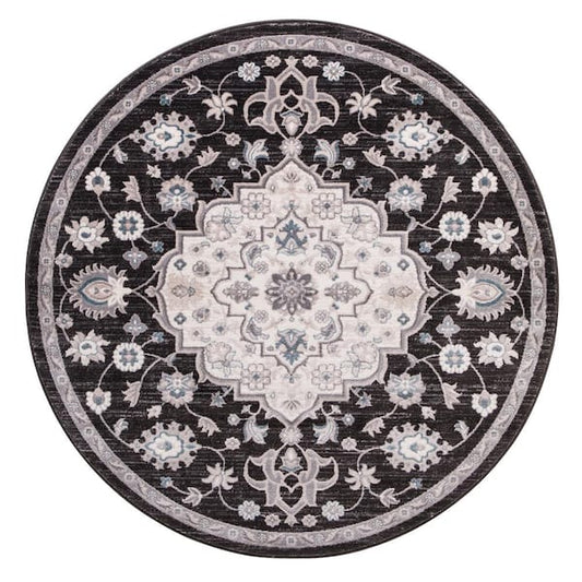 Round Area Rug Anthracite 5 ft. x 5 ft. Medallion Oriental Flame Retardant