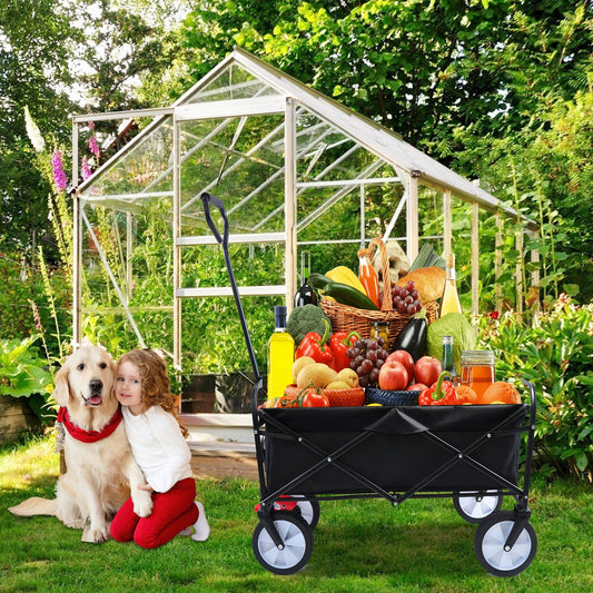 Collapsible Shopping Wagon for Outdoor, 40.5'x21'x46.5' Folding Wagons and Carts with Adjustable Handle, Beach Cart with 2 Mesh Cup Holders for Outdoor, Beaches, Gardens, Parks, 150lbs, Black, S10481
