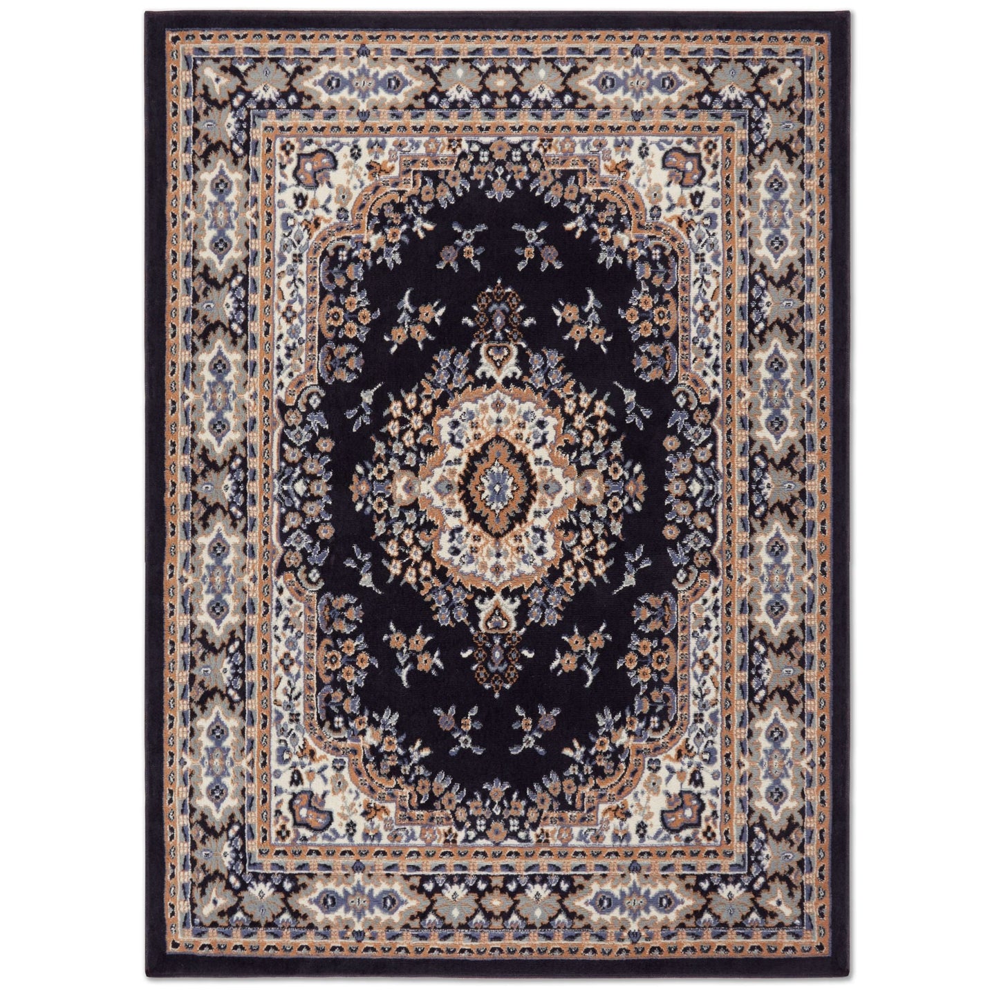 Area Rug Navy Blue / Brown 5 ft. x 7 ft. Traditional Oriental Medallion Pattern