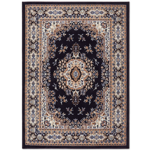 Area Rug Navy Blue / Brown 5 ft. x 7 ft. Traditional Oriental Medallion Pattern