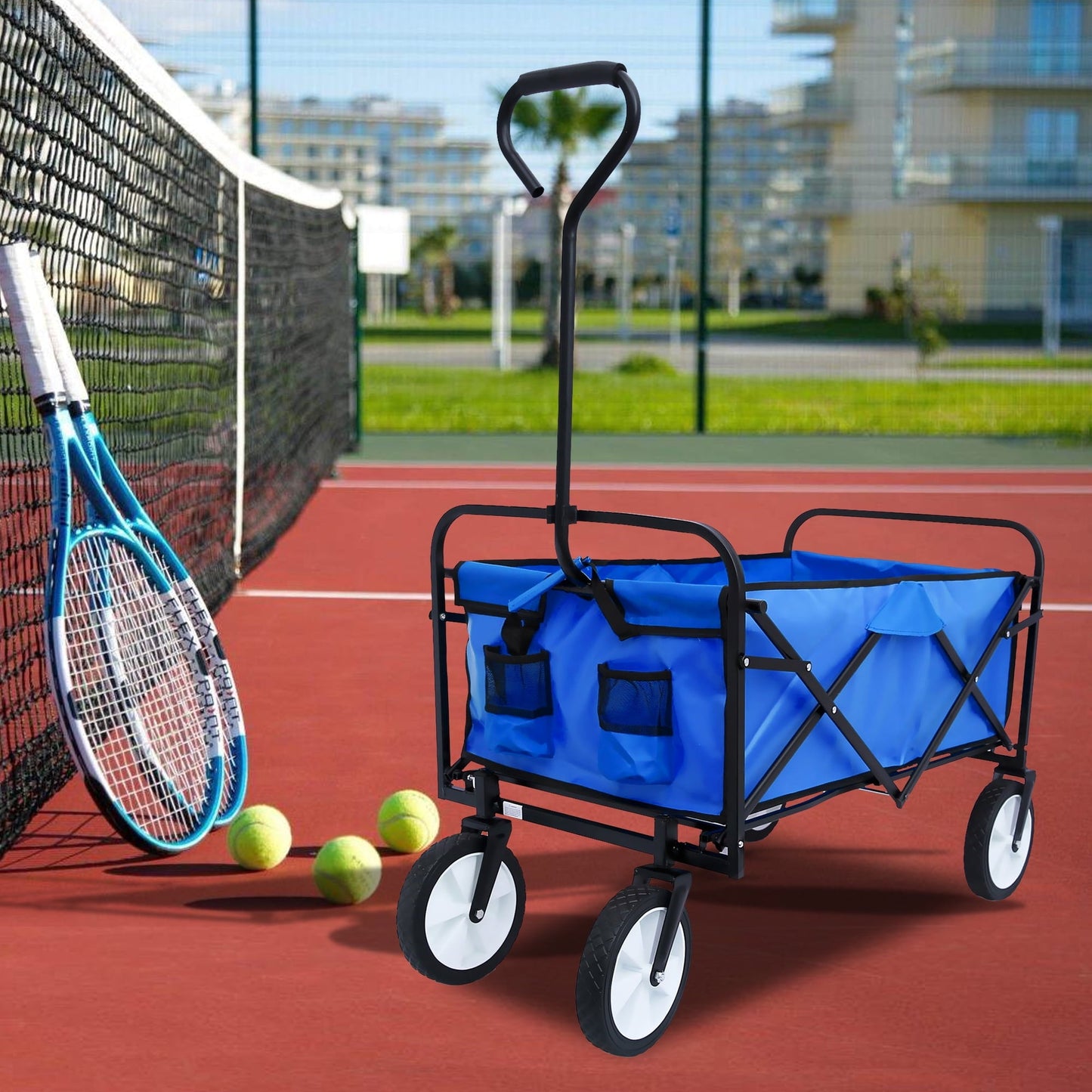 Collapsible Rolling Wagon Utility Cart w/ Wheels, 40.5'x21'x46.5' Folding Utility Canopy Wagon w/Adjustable Handle, 2 Mesh Cup Holders, for Outdoor, Beaches, Gardens, Parks, Shopping, S10483