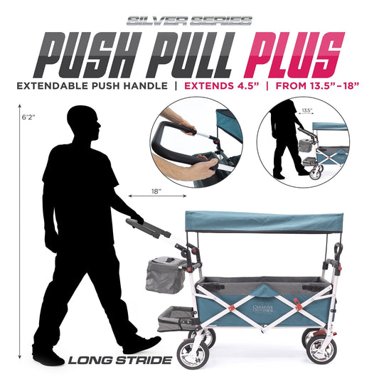 CREATIVE OUTDOOR Push-Pull Collapsible Folding Wagon Stroller Canopy w/ Removable Cooler, Silver Series Plus, Teal/Gray