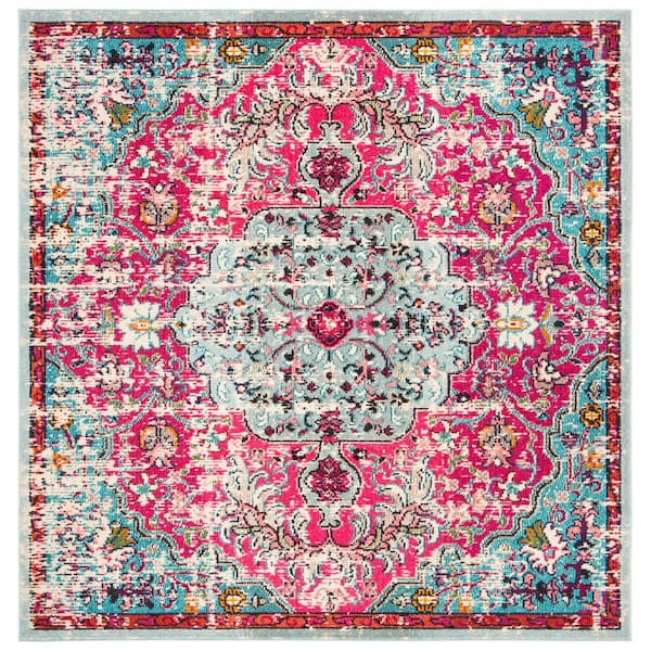 Area Rug Square Fuchsia/Teal 5 ft. x 5 ft. Bohemian Floral Indoor Floor Carpetg