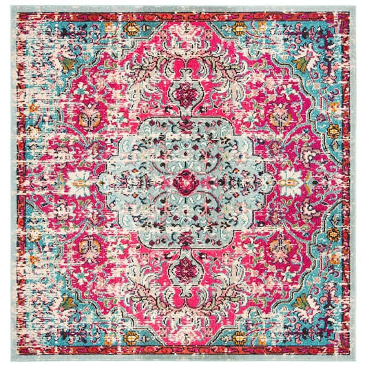 Area Rug Square Fuchsia/Teal 5 ft. x 5 ft. Bohemian Floral Indoor Floor Carpetg