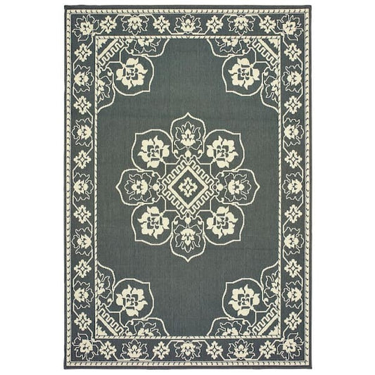 4ft. x 6ft. Floral Throw Area Rug Water Resistant, Gray/Ivory