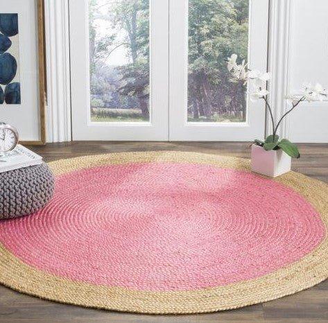 Pink and Natural Round Jute Area Rug