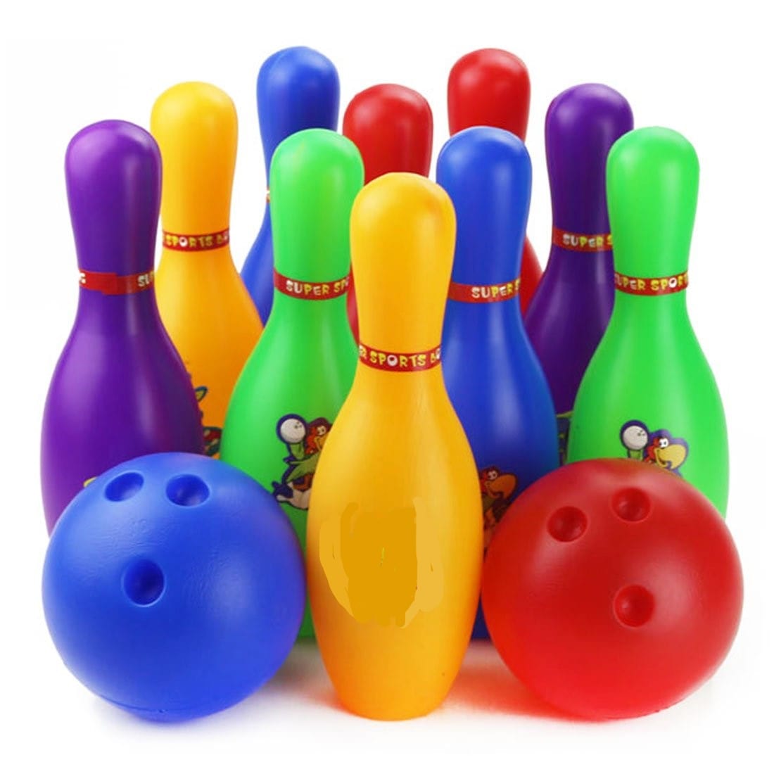 Plastic Bowling Set 10 Colored Pins 2 Bowling Balls With Finger Holes