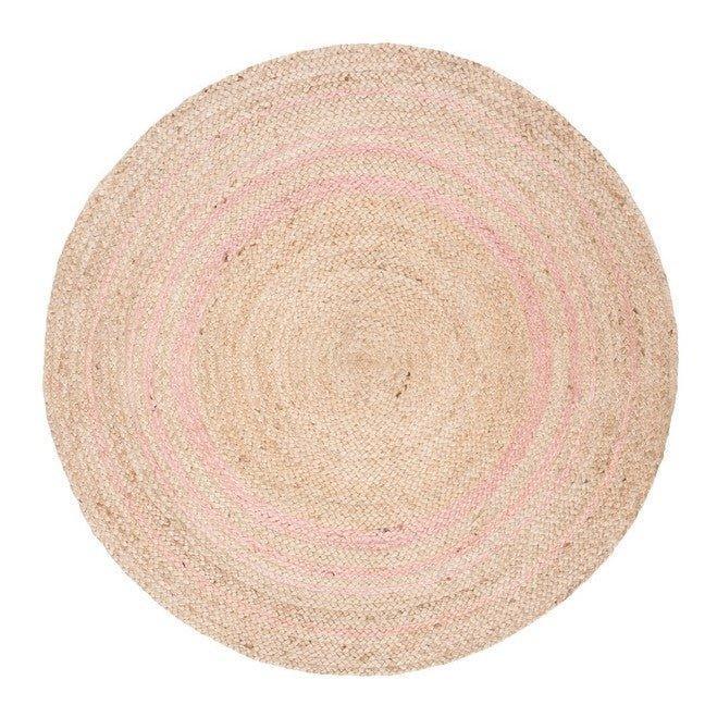 Round Pink and Natural Striped Jute Area Rug