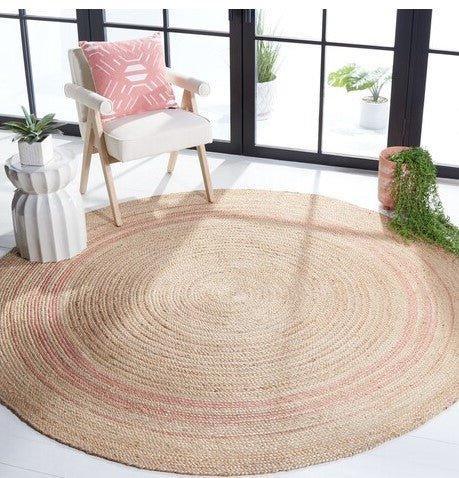 Round Pink and Natural Striped Jute Area Rug