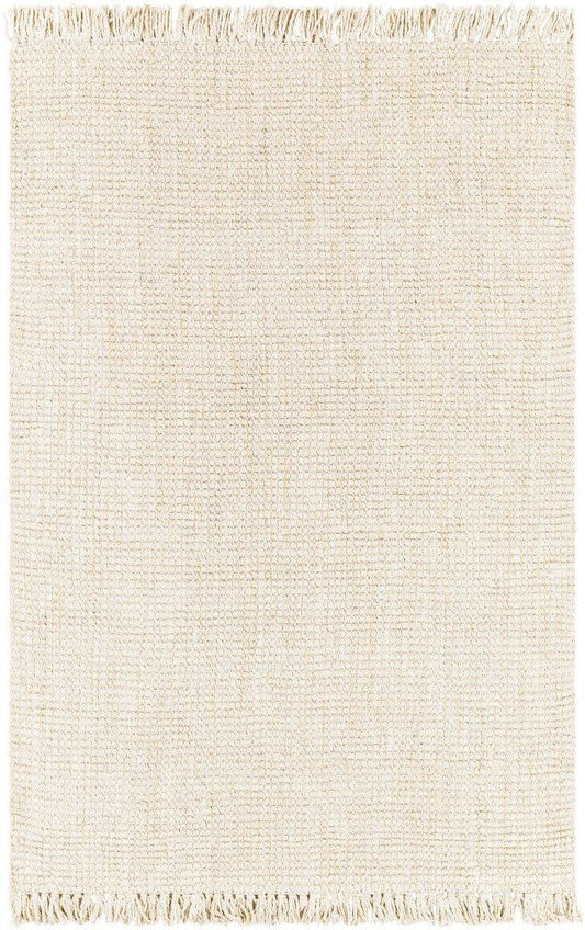 Textured Cream Hand Woven Jute Rug with Fringe, Available in a Variety of Sizes
